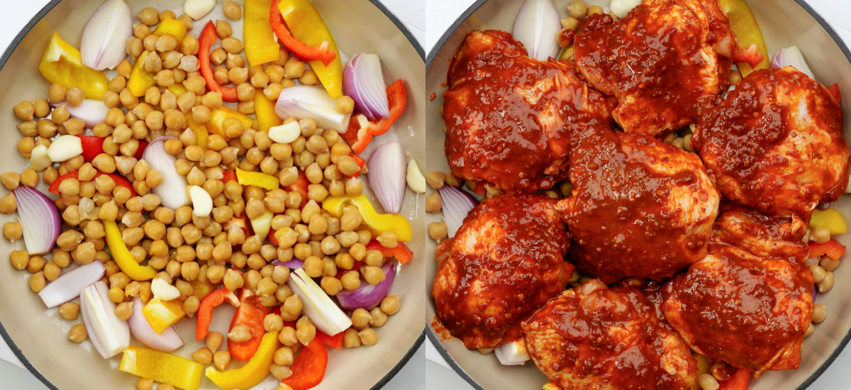 arrange veggies and chickpeas in a baking tray top with marinated chicken thighs