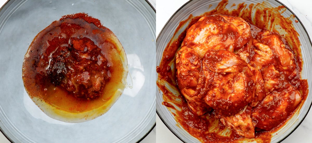 Marinate chicken thighs with harissa and other spices, honey and lemon juice.