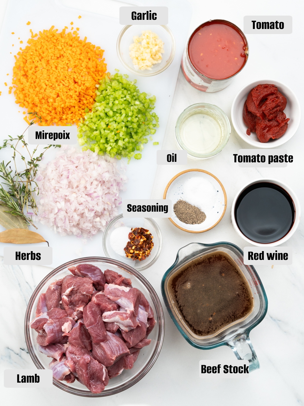 Lmb ragu ingredients - Lamb shoulder cubes, diced onion, celery, carrot and garlic, tomato paste and plum tomatoes, red wine and seasonings.