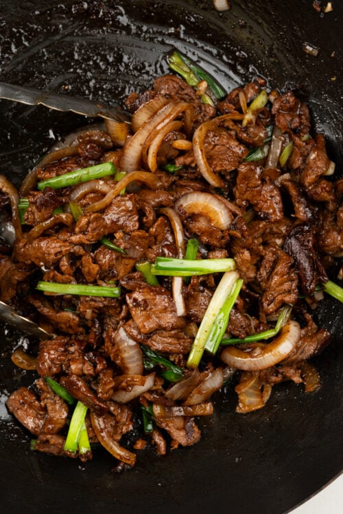 Thin slices of flank steak stir fried in a savory Asian inspired sauce.