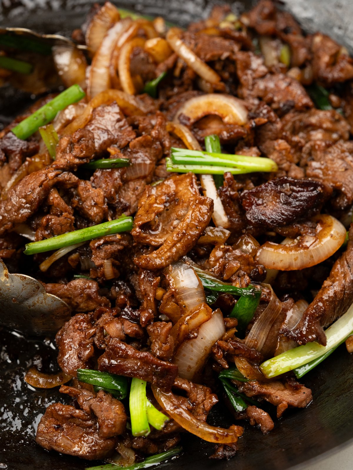 Tender steak stir fry with the most amazing savoury stir fry sauce garnished with green onion. 