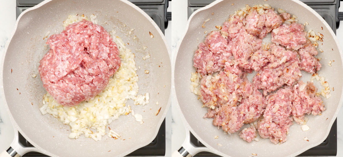 cook ground lamb in the skillet along with onion garlic. 