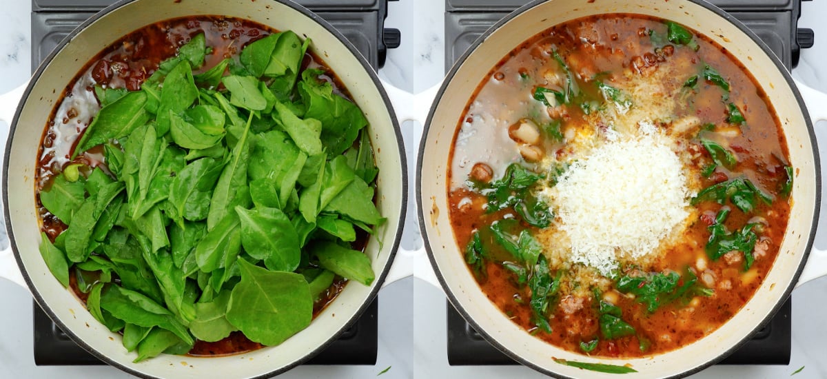 Adding spinach and garnishing with grated parmesan.