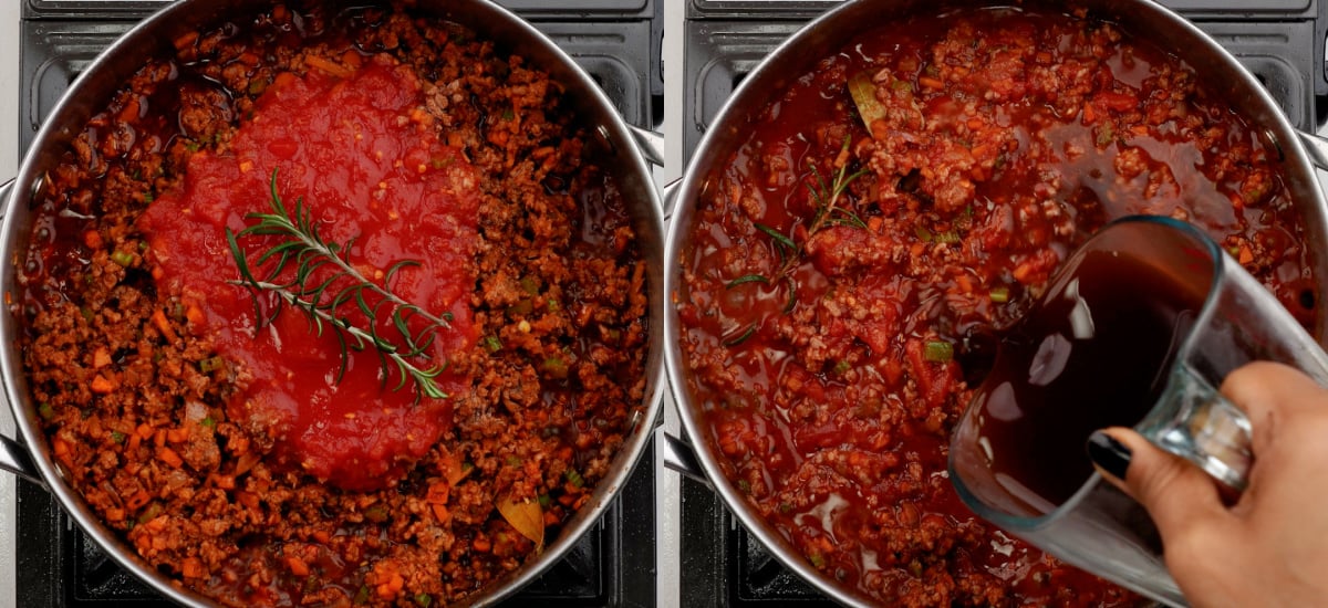 Adding the plum tomatoes, beef stock and slow cooking until the sauce thickens.