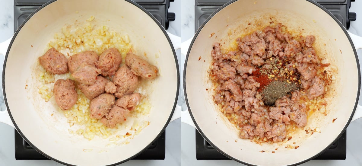 Browning the Italian sausage with aromatics.