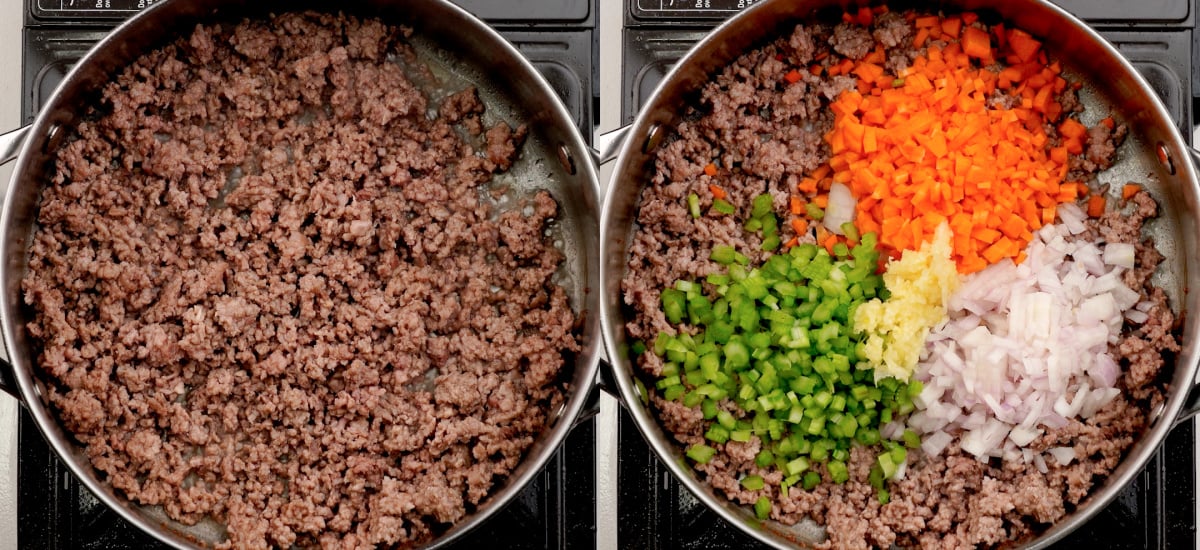 Browning the beef and sauteeing the veggies.