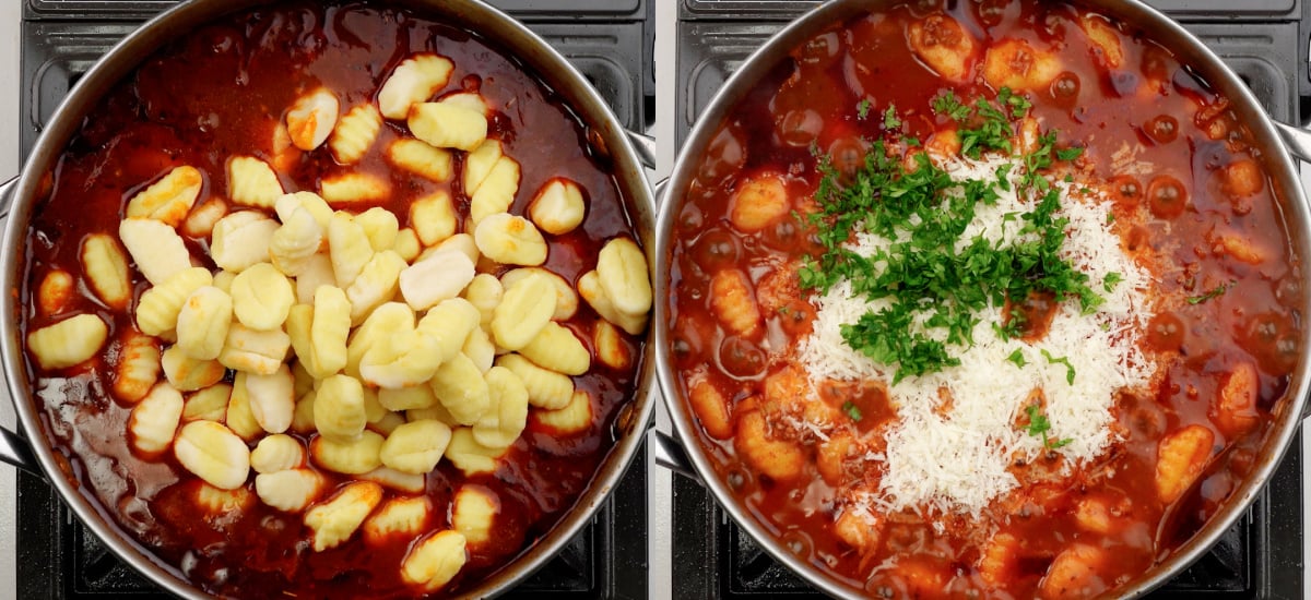 Adding the gnocchi. Garnishing with parmesan and parsley once dish is ready.