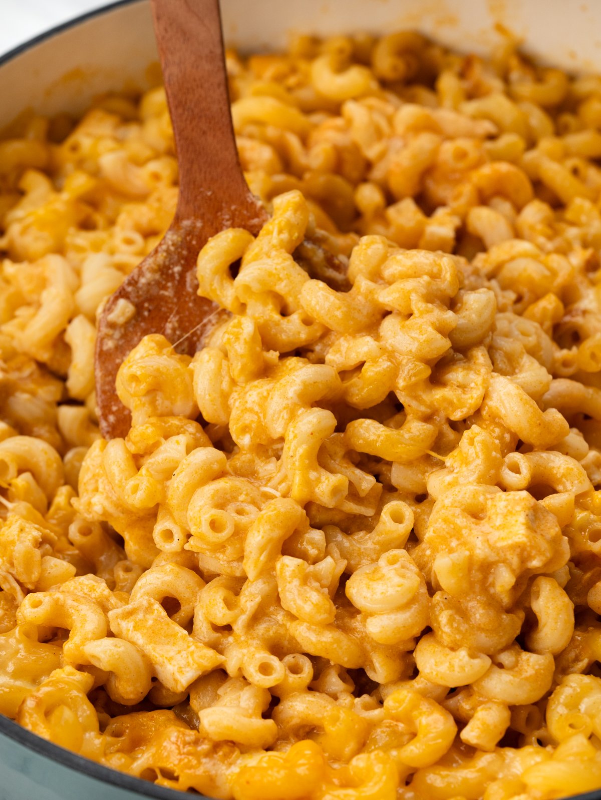 A bowl full of golden goodness - Buffalo chicken mac and cheese.