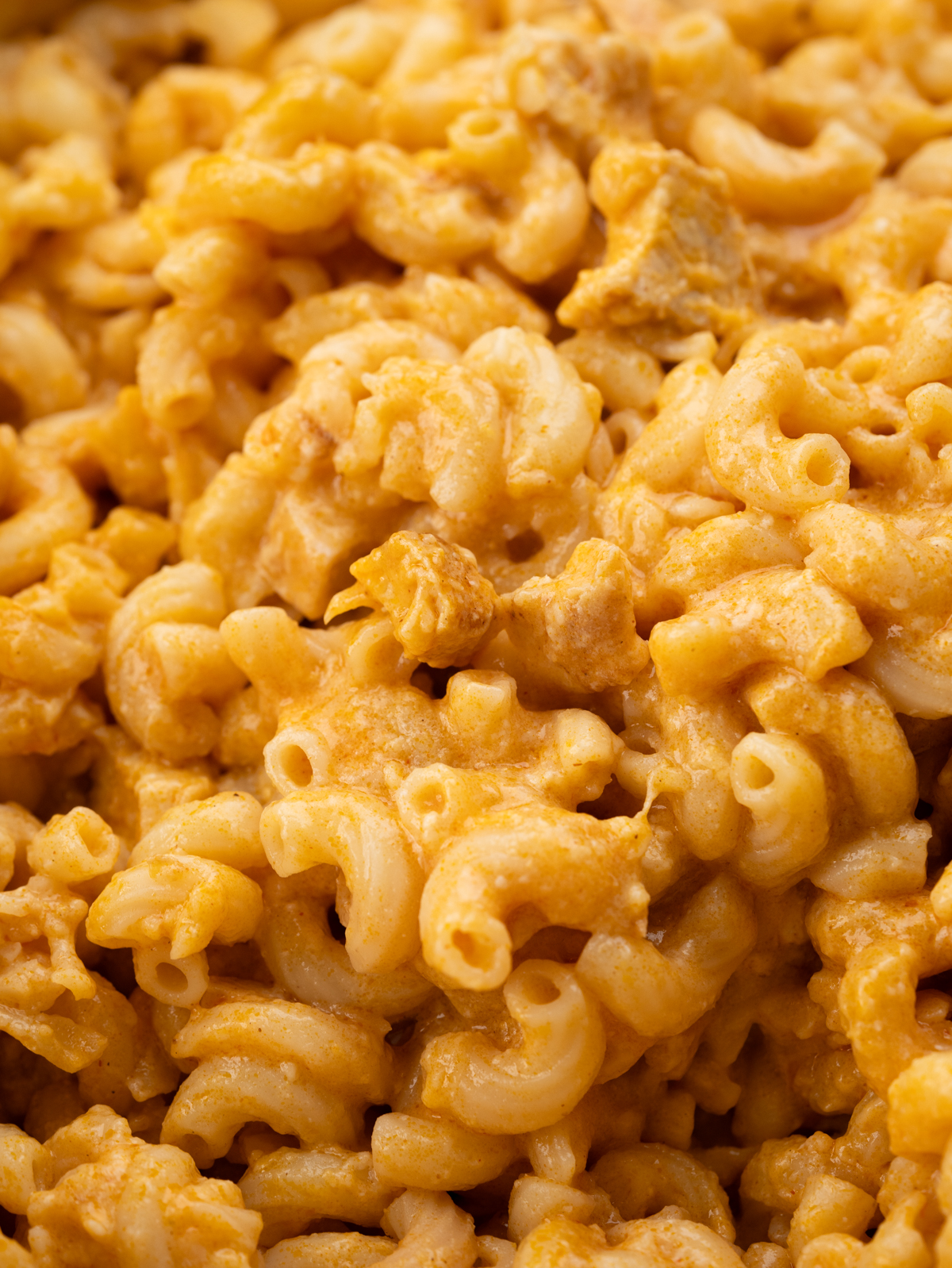 A baked bowl of buffalo chicken mac and cheese