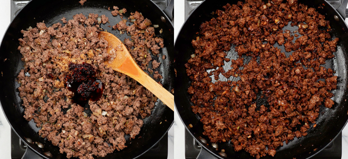 Add saoy sauce, oyster sauce, chilli crisp, brown sugar and brown beef.