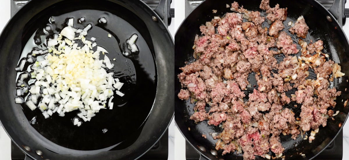 Saute onion and garlic. Add ground beef to the skillet