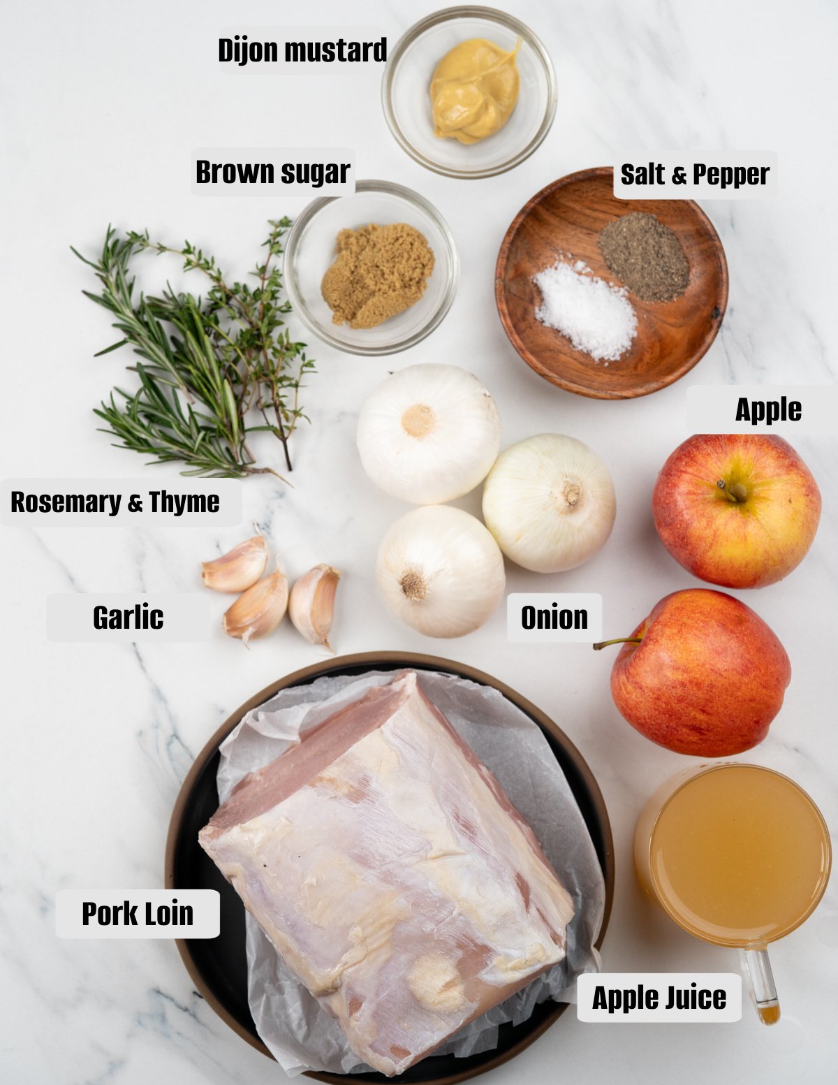 Ingredients - Pork loin, Apple juice, Apples, Onion, Garlic, Dijon mustard, Rosemary and thyme.