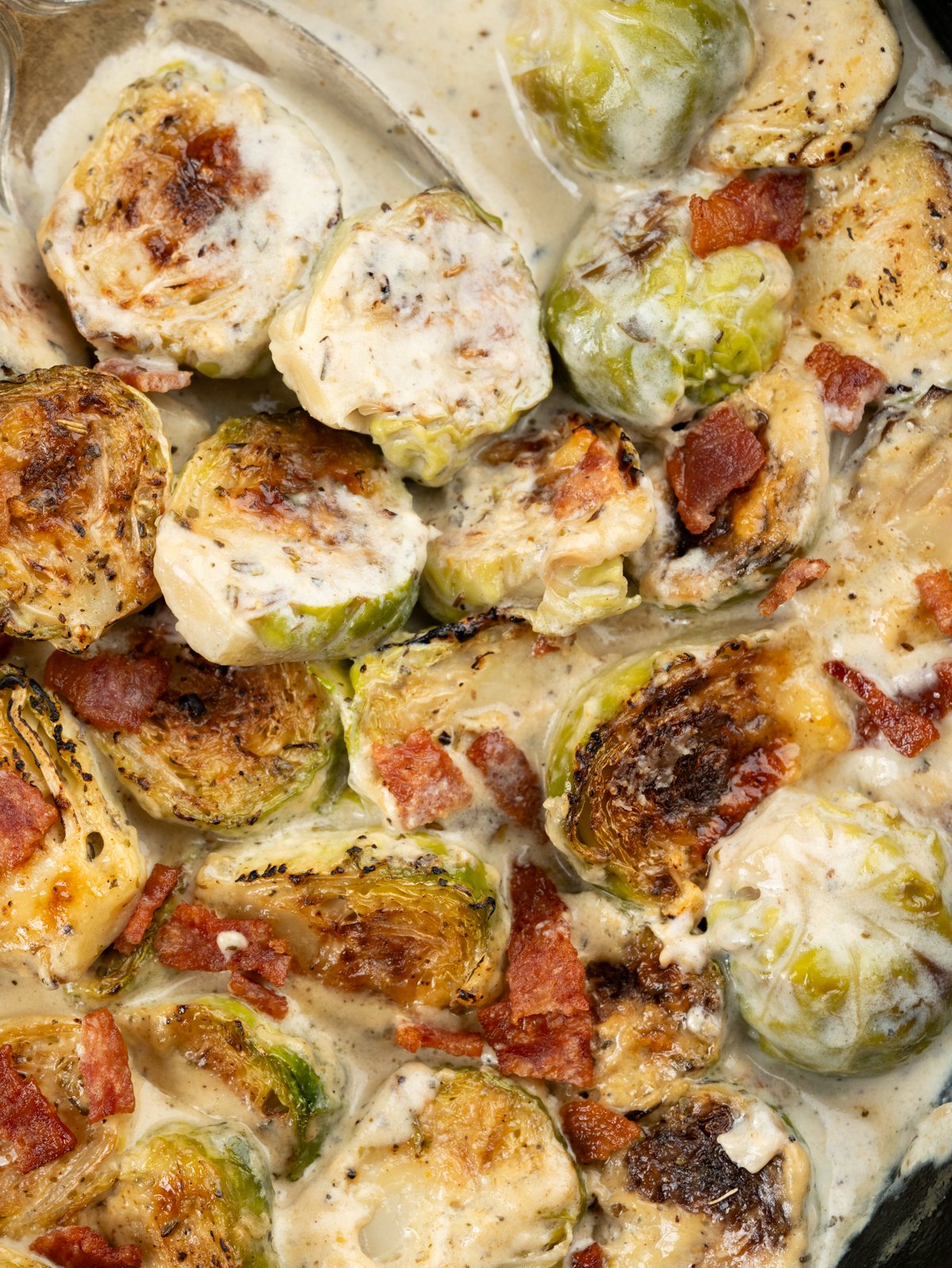 Brussels Sprouts in cream, dijon mustard, parmesan mixture and crispy bacon