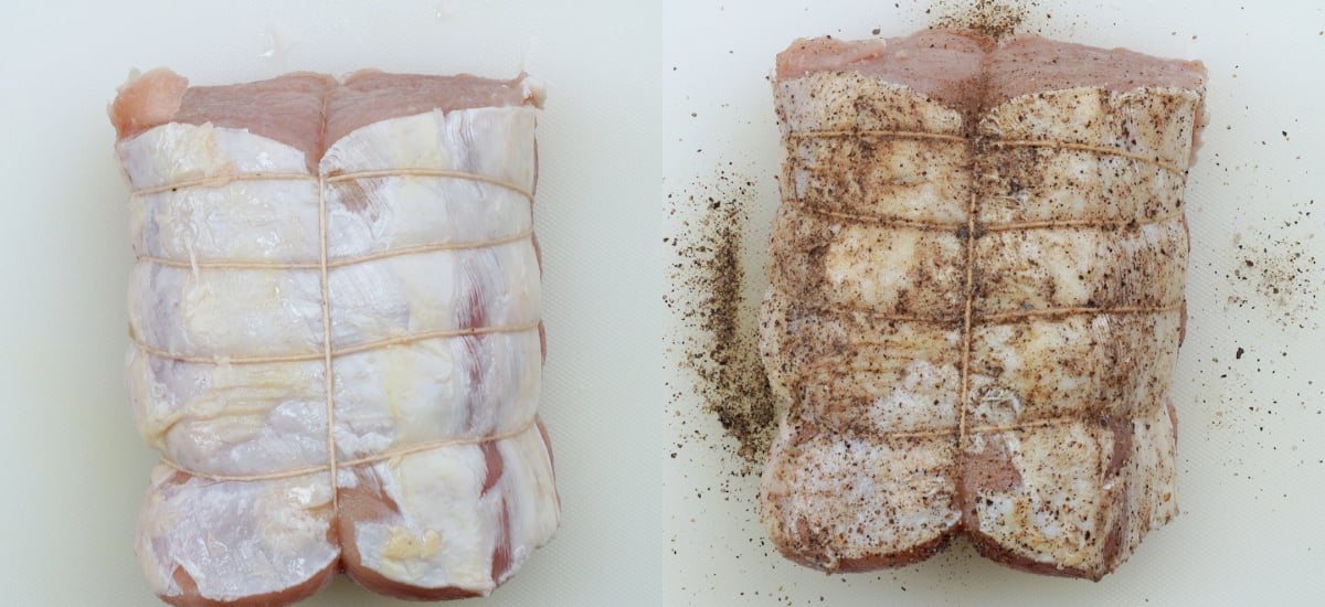 Trussing the pork loin. Season it with salt and pepper. 