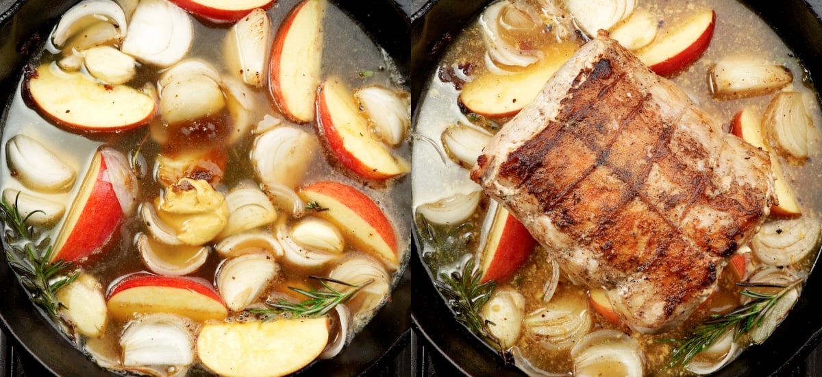 Placing the seared pork loin on a bed of apple juice, apple wedges, aromatics and herbs.