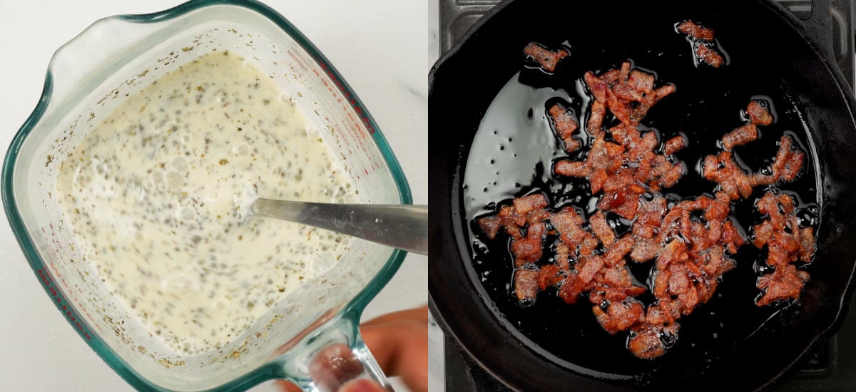 Make cream parmesan sauce and cook bacon until crispy.