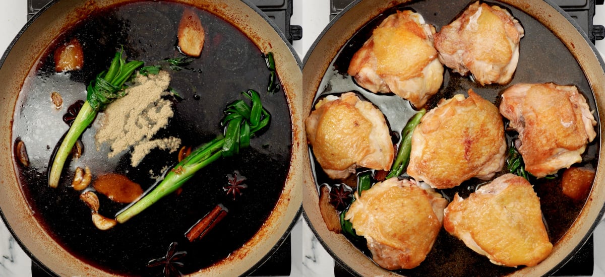 Simmer in a liquid of soy sauces, Shaoxing wine, water and seasonings.