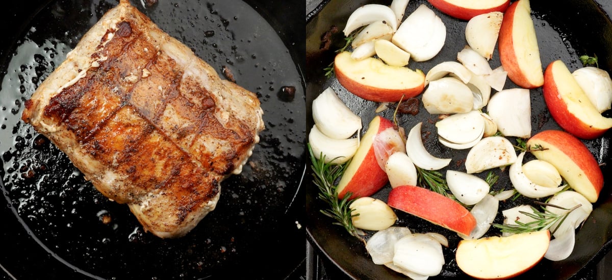 Searing the pork loin and roasting the aromatics.