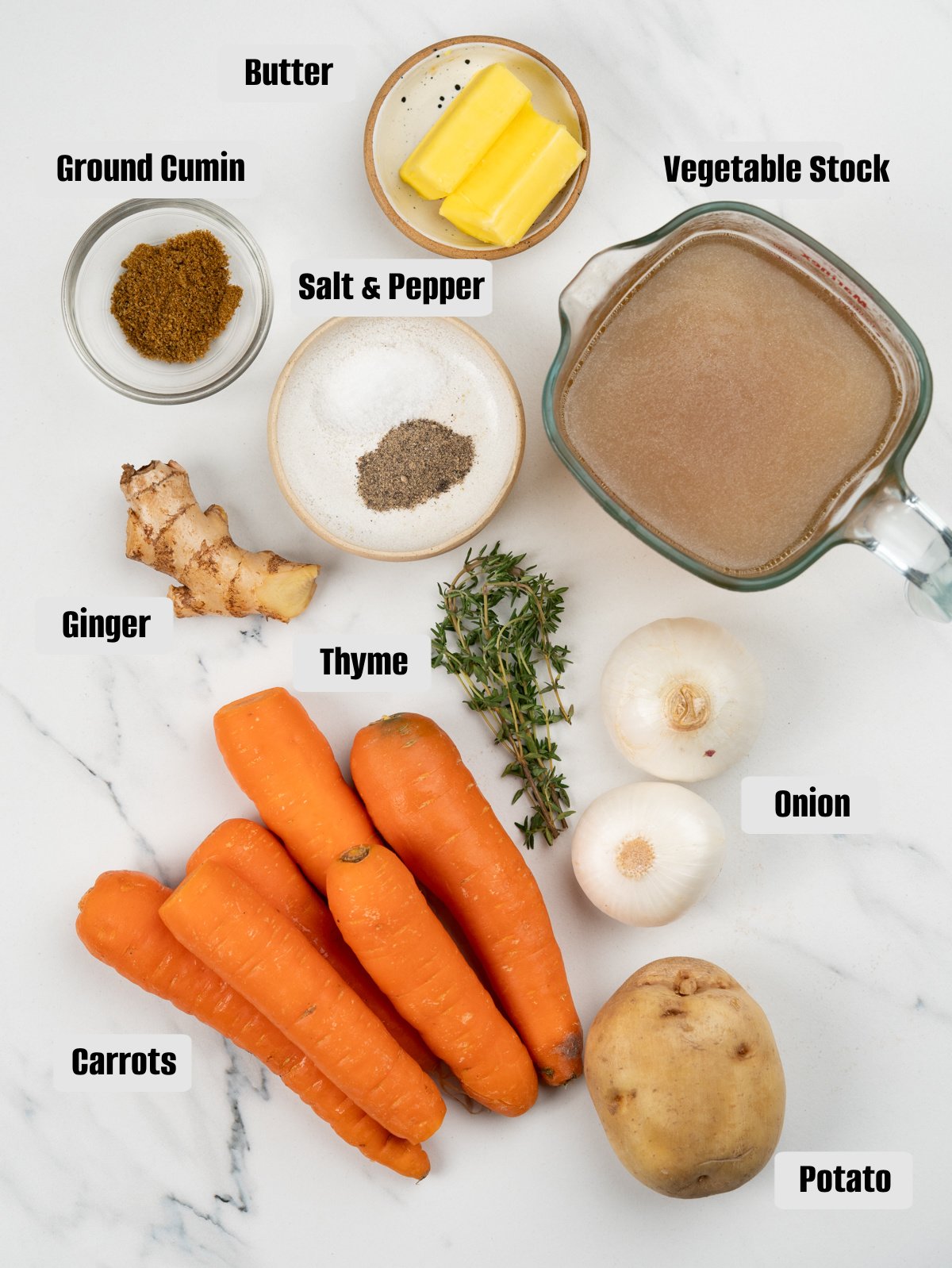 Ingredients for making Carrot ginger soup. 