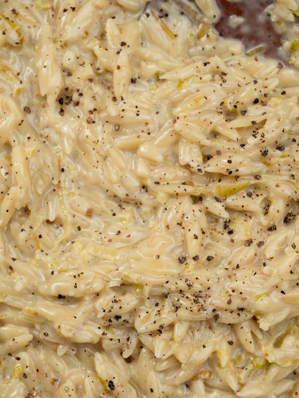 Pan of creamy orzo with leek, garlic, parmesan cheese. 