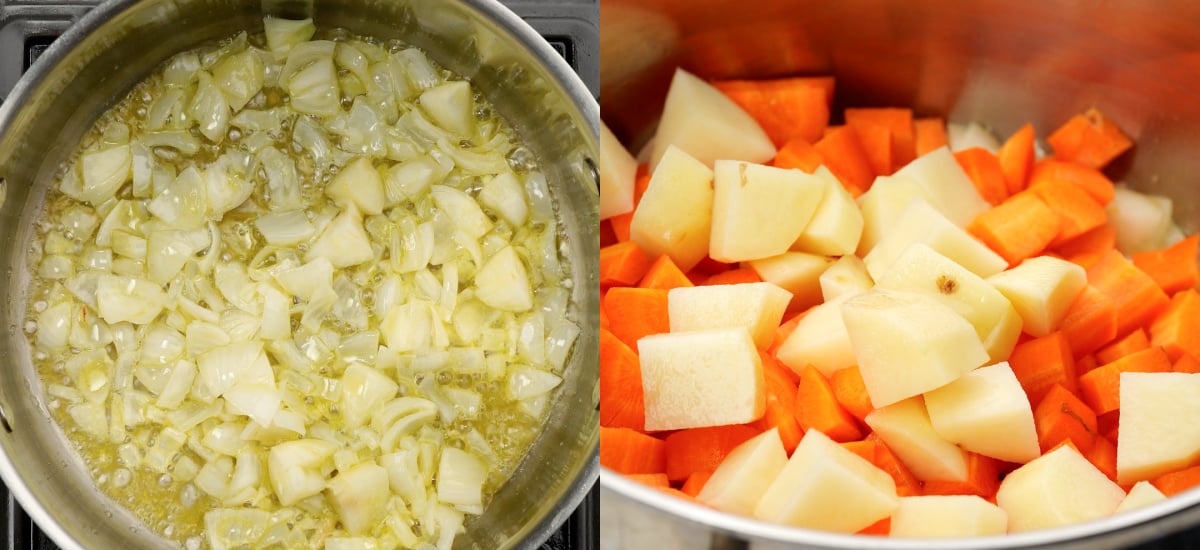 Step 1 is to saute onion, carrot and potatoes. 