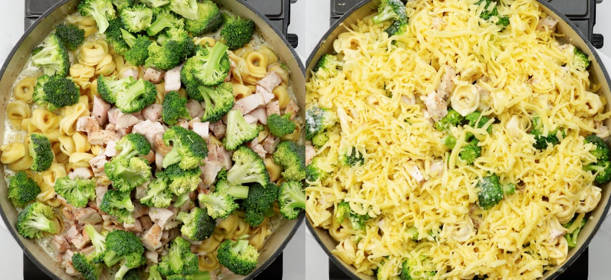 1. Mix in the chicken pieces and broccoli florets.
2. Load up with mozzarella cheese.