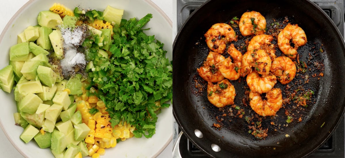 Roasted corn kernels, chopped avocado, chopped cilantro and seasonings added together to make salsa. Prawn grilled on a griddle.
