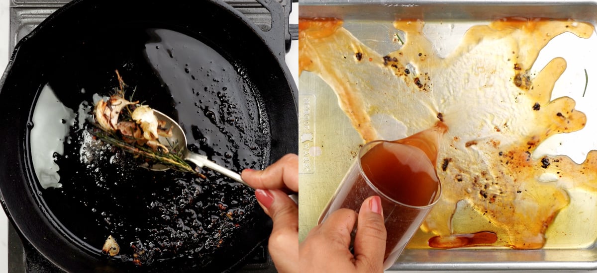 Deglaze the baking tray and collect all the drippings  