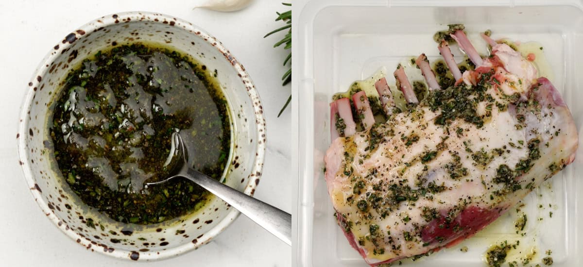 Make marinade of rosemary, garlic, olive oil , salt and pepper. Marinate lamb.