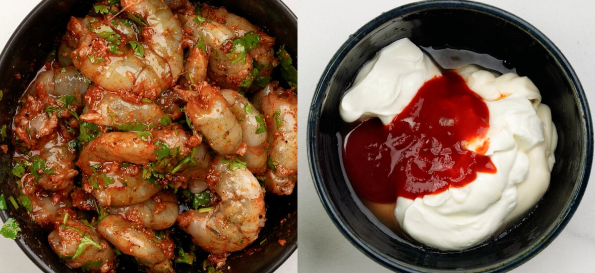 Prawns marinated. Sauce ingredients added together to make a silky smooth sauce.