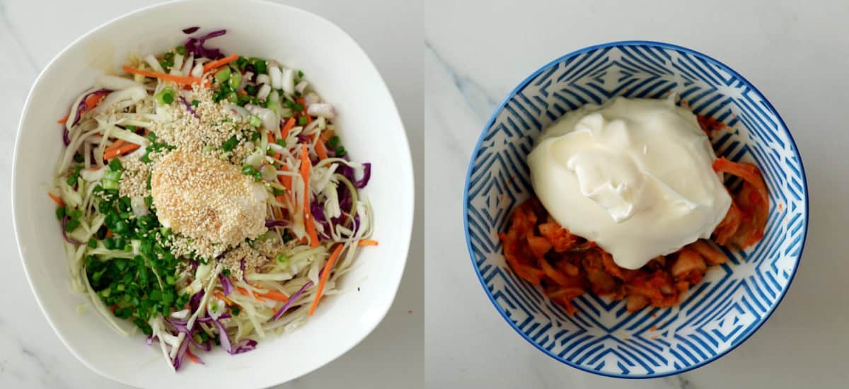 Making Korean slaw and kimchi mayo.