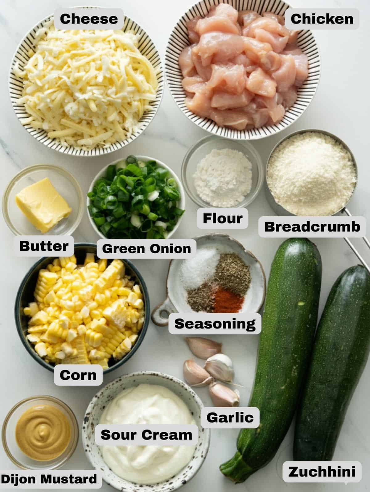 Ingredients you need for making chicken zucchini casserole. 