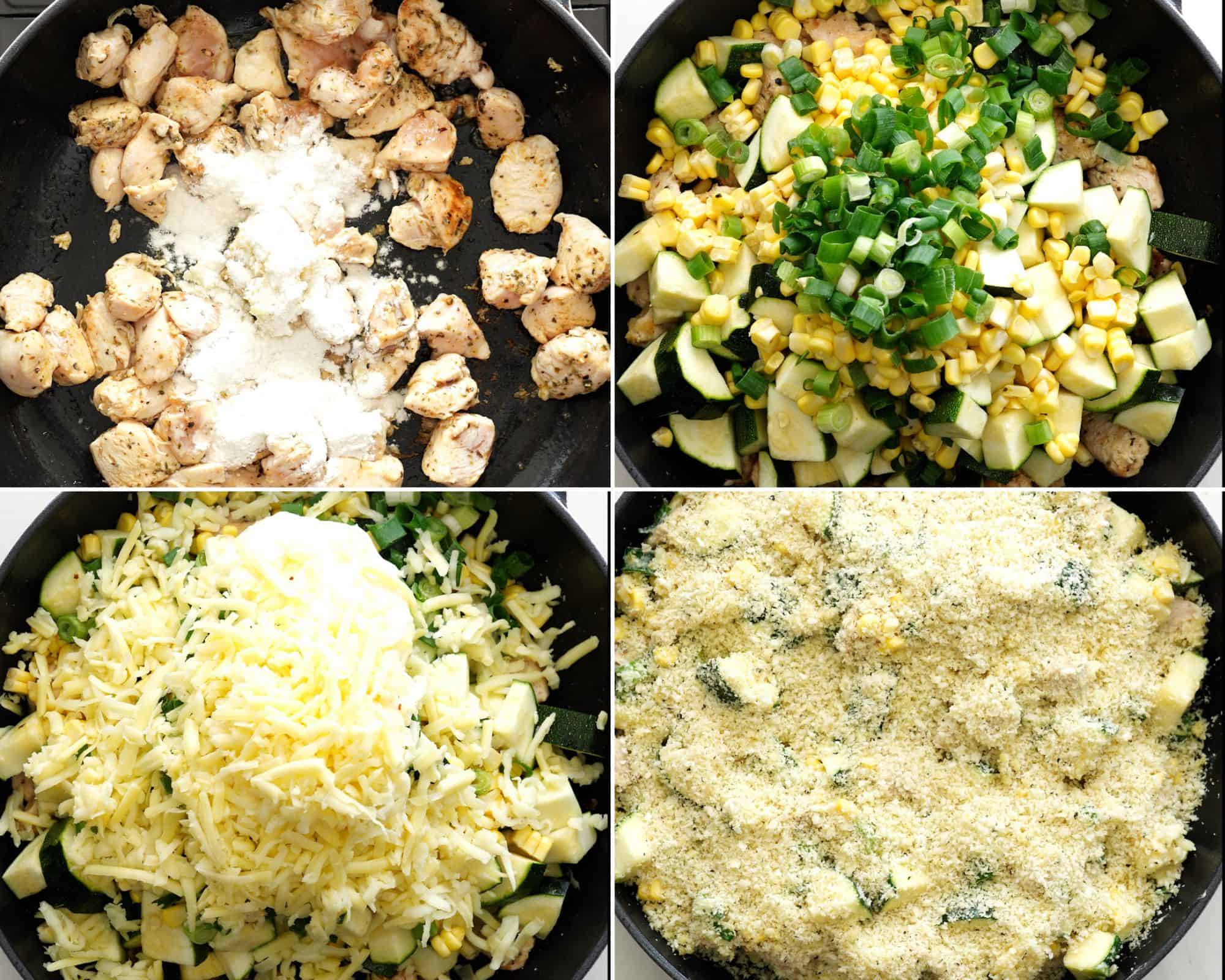 steps to make chicken zucchini casserole. Saute chciken, add veggies, sour cream and cheese. Top it with breadcrumb mixture and bake.