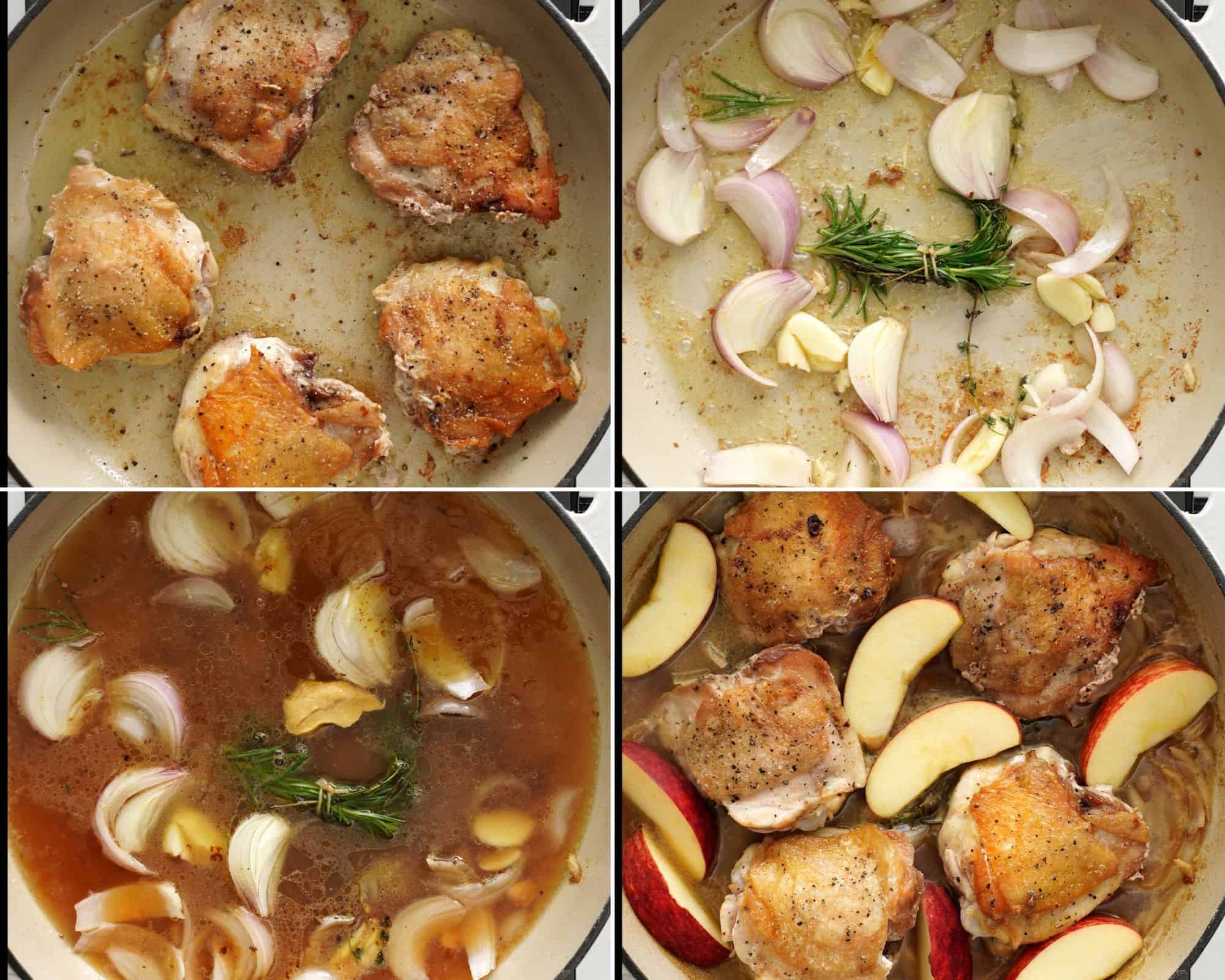 Steps to make braised chicken thighs. Sear chicken thighs, then saute onion, garlic and herbs. Add apple cider, chicken stock followed by seared chicken and sliced apple. 