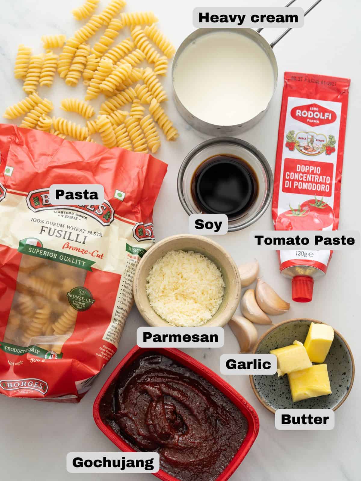 Ingredients to make gochujang pasta.