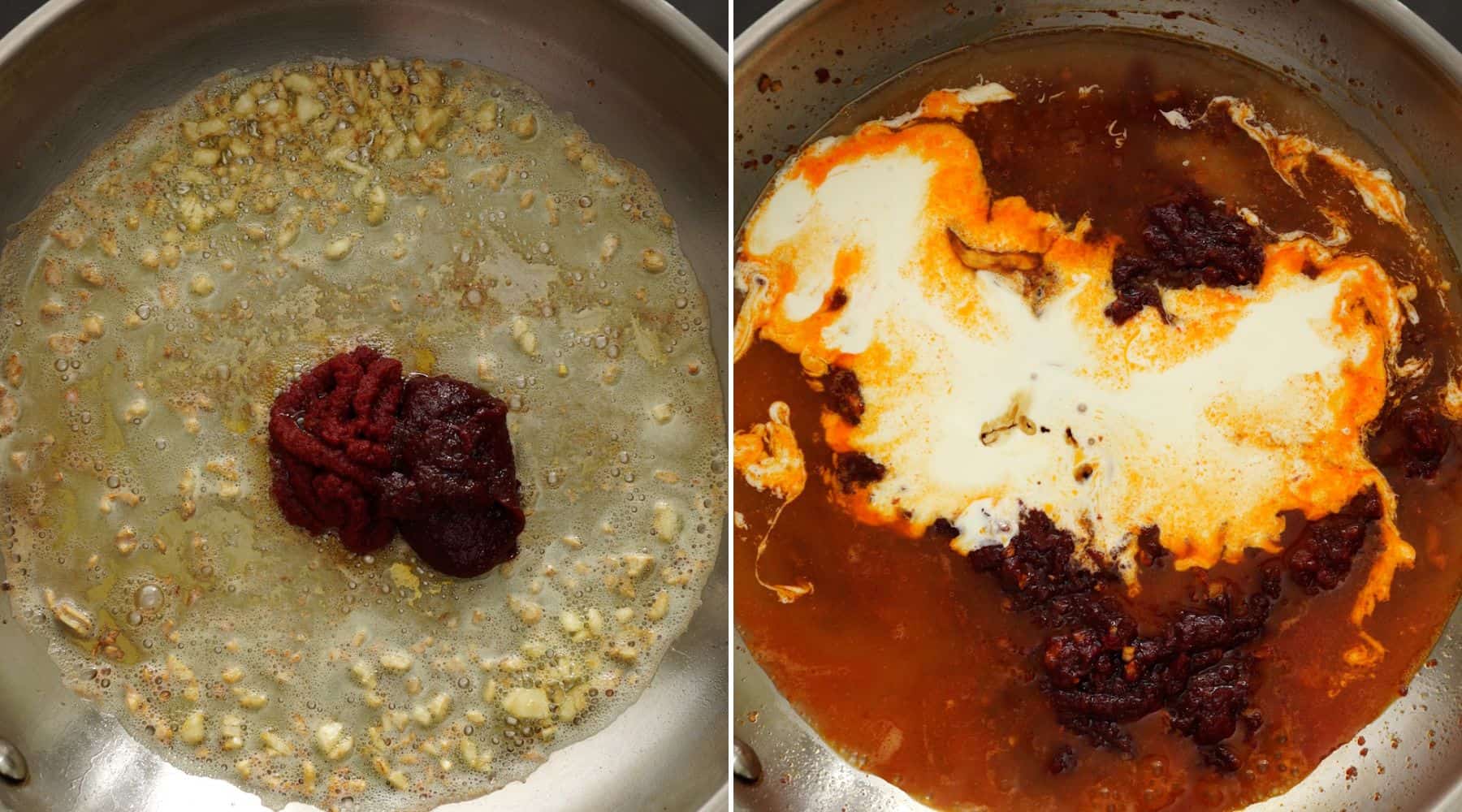 Saute garlic in butter, then add tomato paste, gochujang. make sauce by adding pasta cooking water, cream and soy sauce.