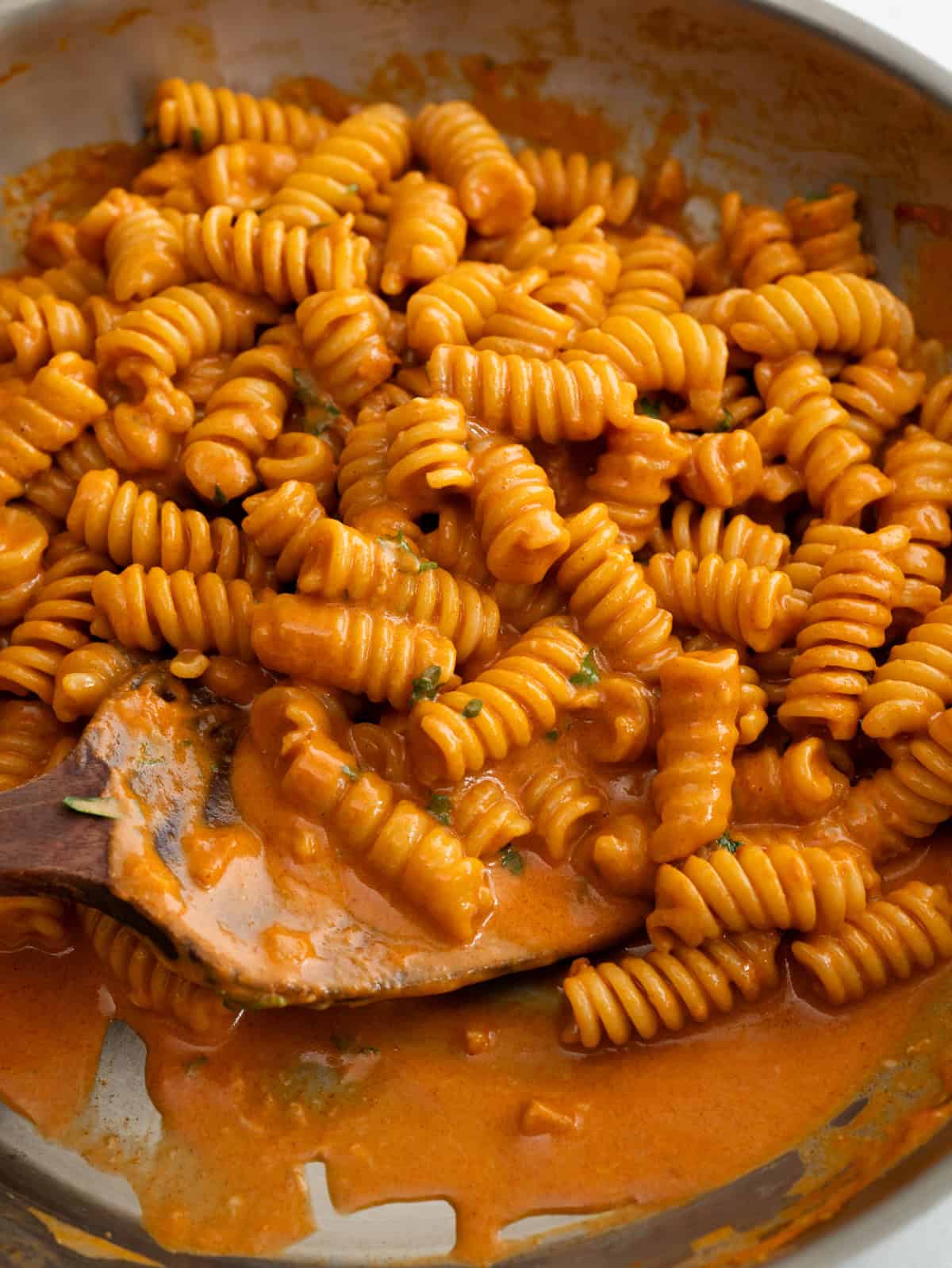 Fusili pasta tossed in a creamy parmesan gochujang sauce.