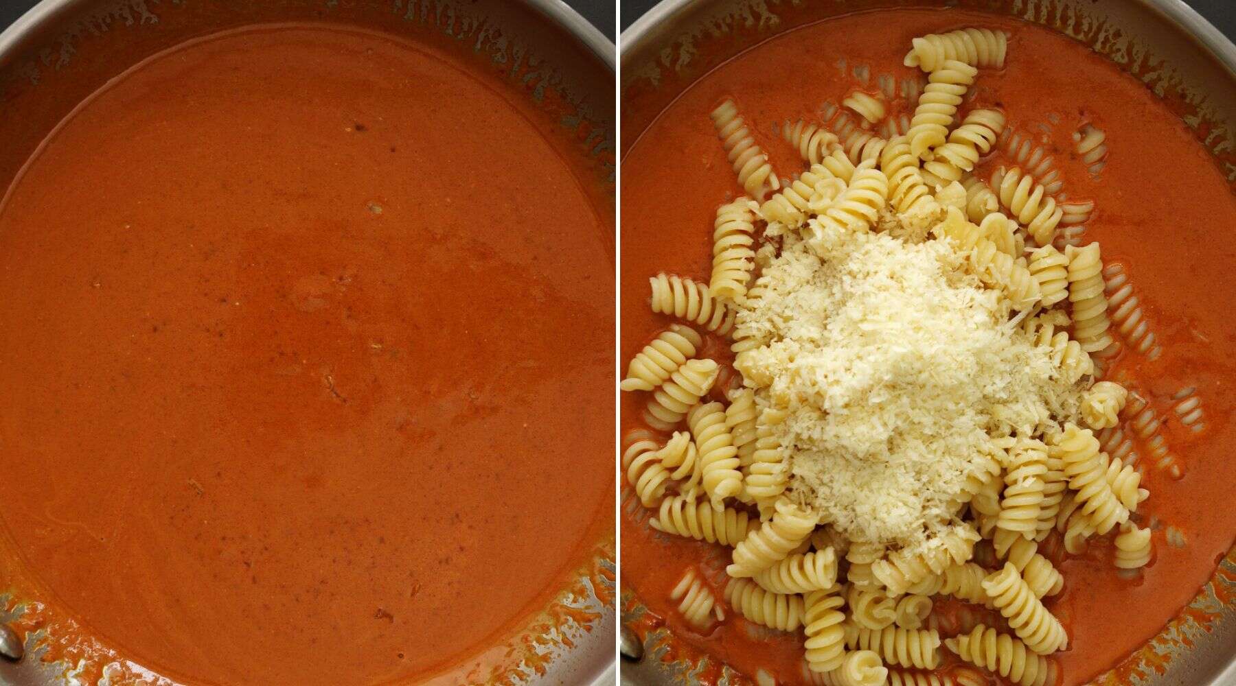 To creamy sauce add cooked pasta and shredded parmesan.