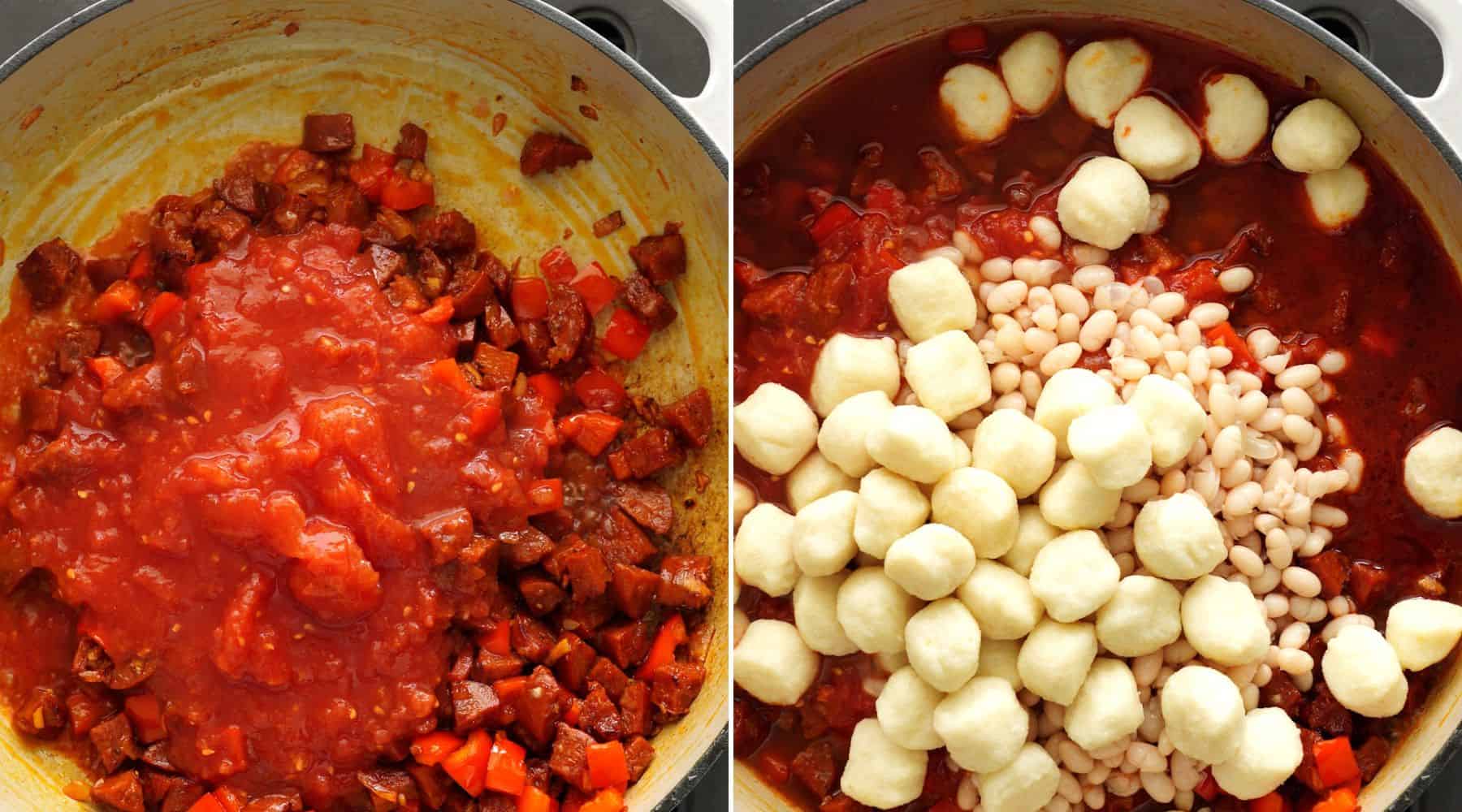 Steps to make chorizo gnocchi. 