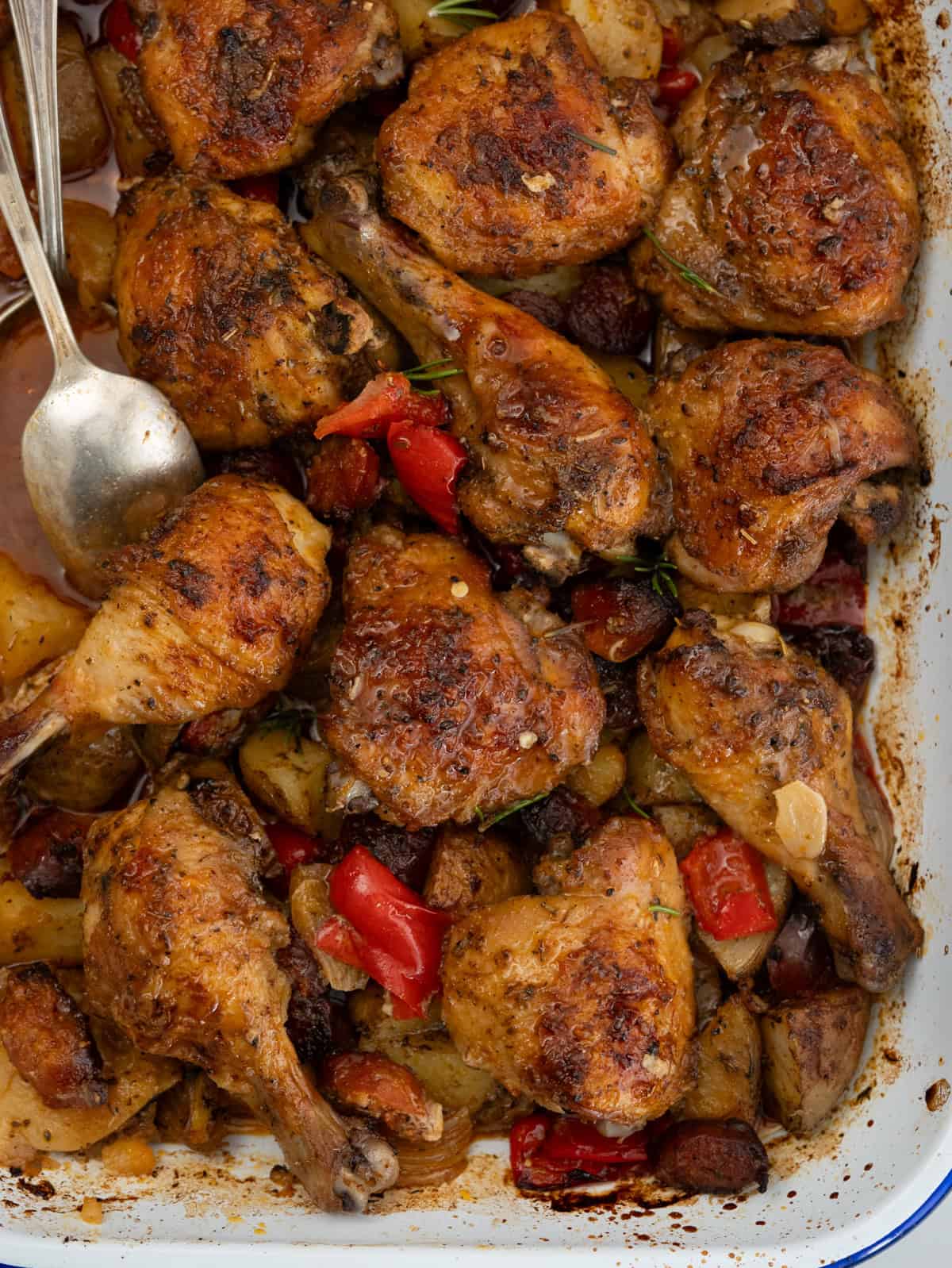 One pan baked chicken and chorizo with Potatoes, Onion and Peppers.