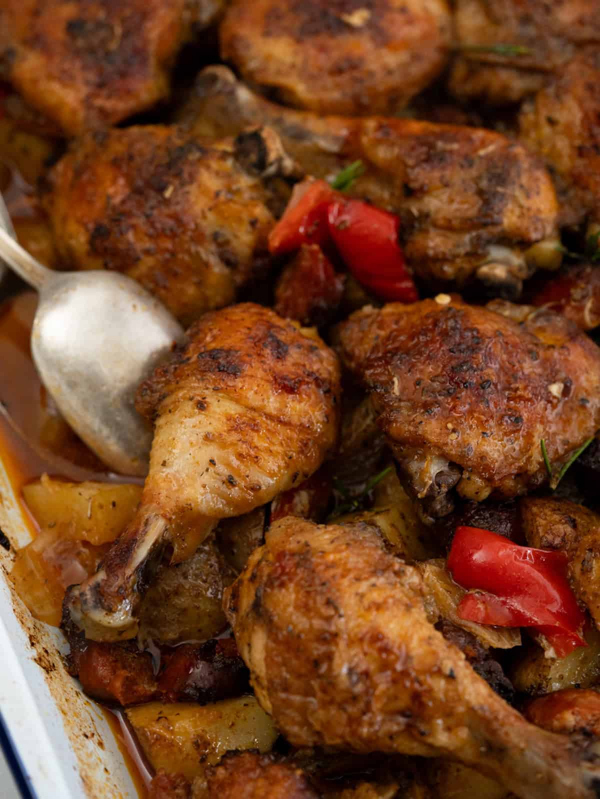 One pan baked chicken and chorizo with Potatoes, Onion and Peppers.