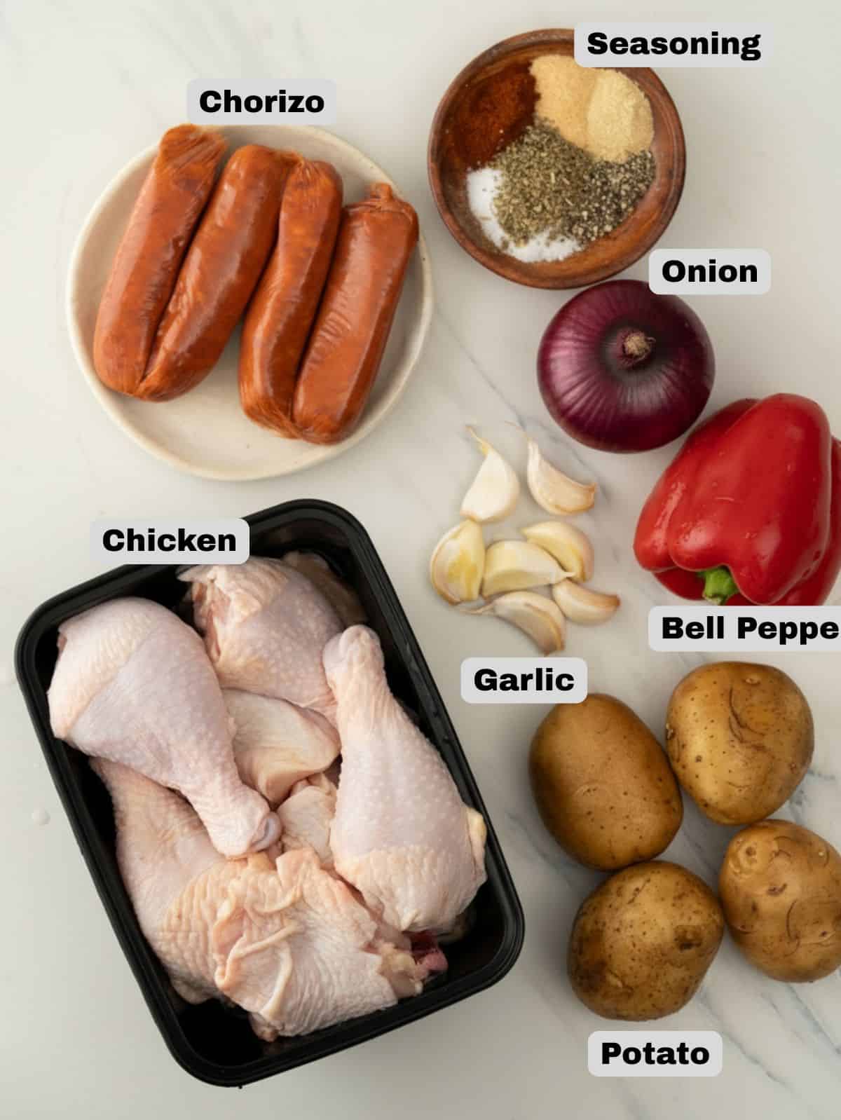Ingredients for making chicken and chorizo.